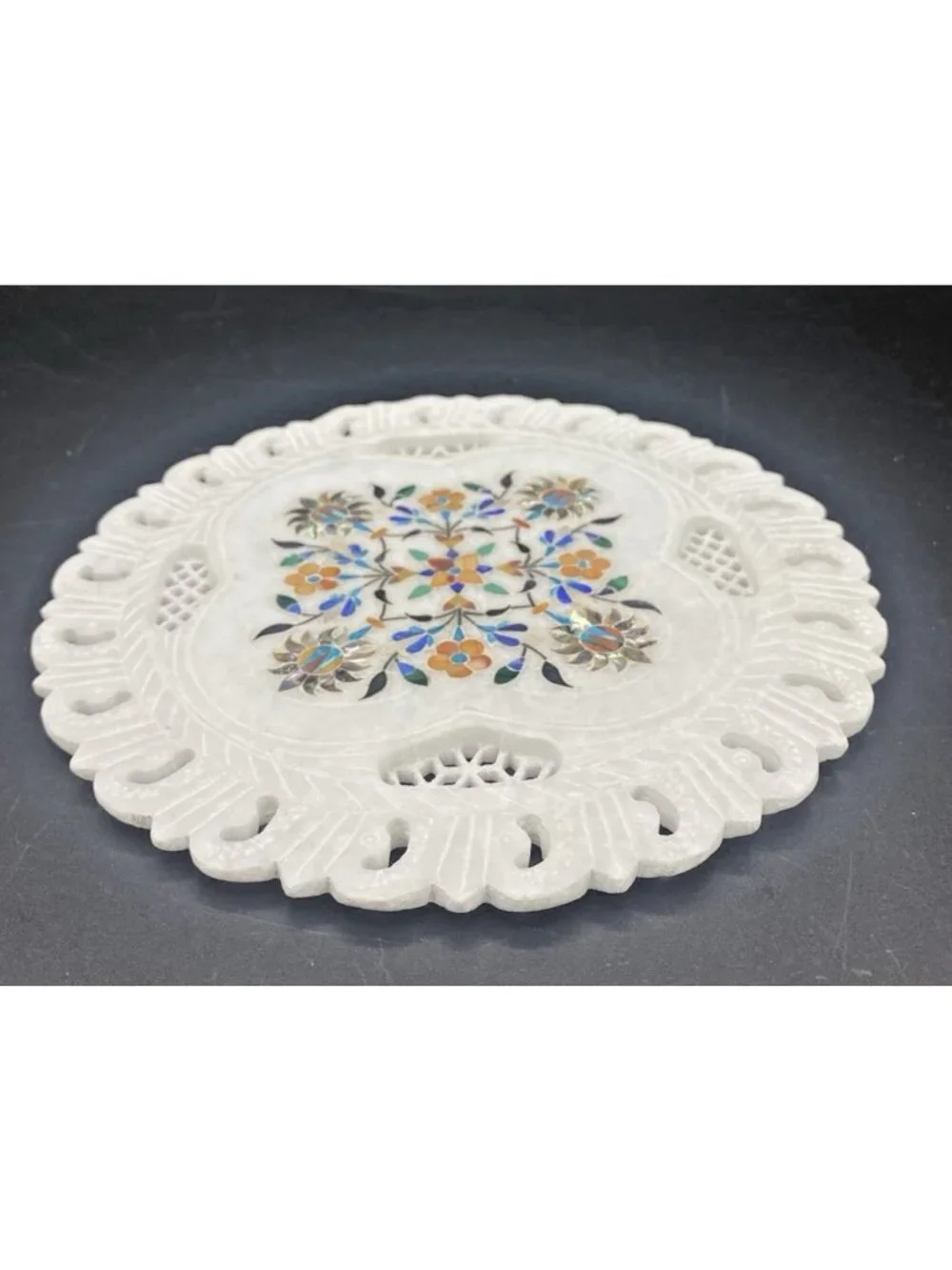 Inlaid Marble Plate Floral Stone Handmade Decor Boho Cottage 7 Inches